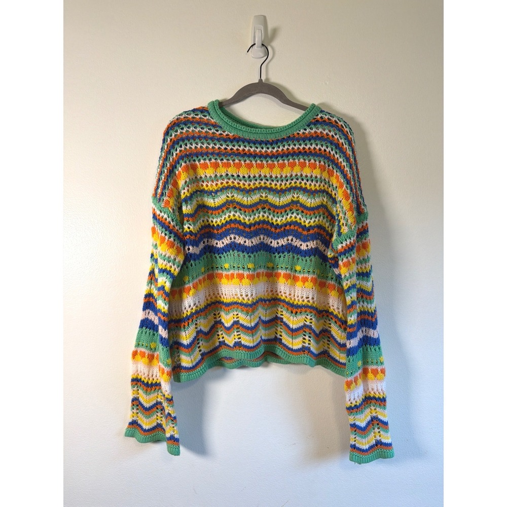 Rainbow Chevron Festival Open Knit Sweater XL Multicolor Pointelle Scalloped Hem